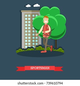 Vector illustration of school team boy walking in the street. Sportsman concept design element in flat style.