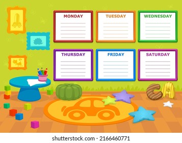 ilustración vectorial del horario escolar, programa con una habitación infantil en segundo plano