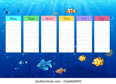 vector illustration of school timetable, schedule against the background of the underwater world with fish and algae
