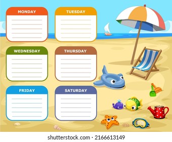 vector illustration of school timetable, schedule with the beach and the sea in the background