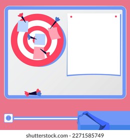 Vector illustration with school whiteboard. Papers contain brand new important information and agenda. Bright colored background. Dartboard hanging on the wall.