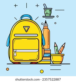 Ilustración vectorial de bolsos de escuela, libros, bolígrafos. De vuelta a los elementos escolares. Ilustración del vector