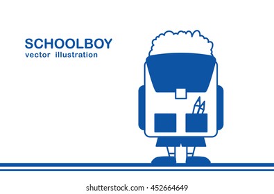 Vector illustration: Schoolboy and bag isolated on the white background.  View from the back. Flat design.