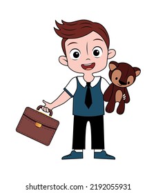 
vector illustration. schoolboy with a briefcase and a teddy bear in his hand. little boy goes to school. cartoon. first grader.