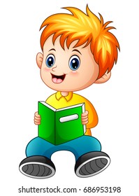 Vector illustration of Schoolboy cartoon reading a book