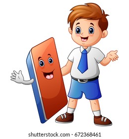 Vector illustration of a schoolboy with eraser cartoon