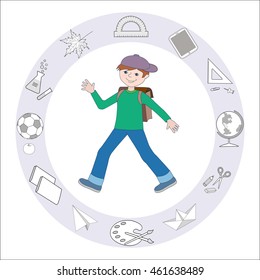 Vector illustration. Schoolboy goes to school.
