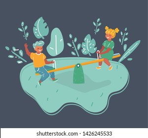 Vector illustration of Schoolboy and a schoolgirl on a seesaw isolated on dark background.