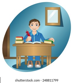 Vector illustration of a schoolboy at the table