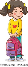 vector illustration of a schoolboy trying to lift his backpack