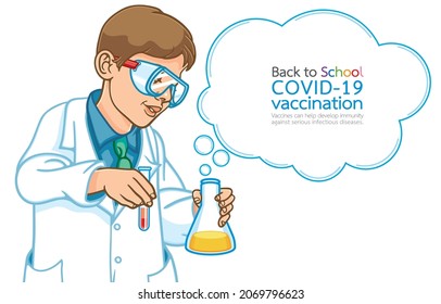 Vector illustration of schoolboy in white doing chemistry experiments, holding science test tube with white soap bubbles, sample text, happy learning, on white, COVID-19 vaccination, School Reopening.