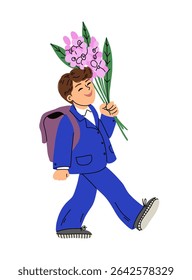 Vector illustration of a schoolchild walking with a backpack and holding a bouquet of flowers. Isolated character on a white perfect for back to school, Teachers Day, and educational designs
