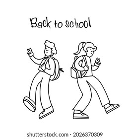 Vector illustration of schoolchildren with backpacks having fun going to school. Back to school