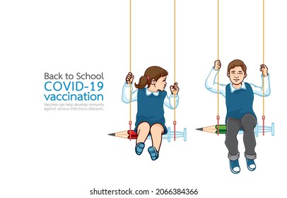 Vector illustration of schoolchildren sitting on swing happily, swings made of pencils and syringes, on white, Safety, Importance of student health, COVID-19 vaccination during school reopening.