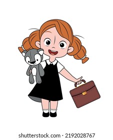 vector illustration. schoolgirl with a briefcase and a teddy bear in her hand. little girl goes to school with  with bags