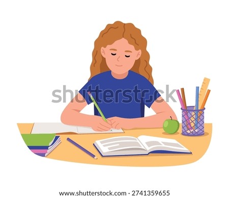 Vector illustration of a schoolgirl doing homework. Cartoon scene of a cute girl sitting at a desk writing with a pencil in a notebook, an open textbook, stationery isolated on a white background.