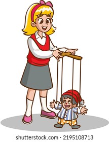 vector illustration of schoolgirl playing puppet