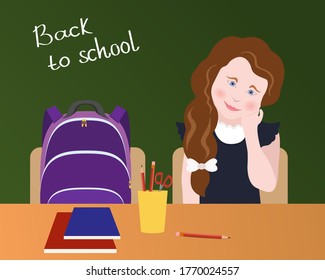 Vector illustration of a schoolgirl sitting at a school desk. Back to school