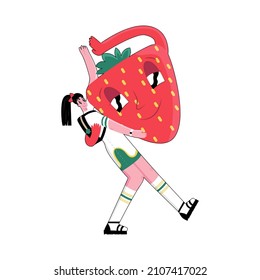 Vector illustration schoolgirl or student girl who carries an enlarged animated strawberry character. They high five each other. Concept healthy lifestyle, fortified and useful nutrition for children.
