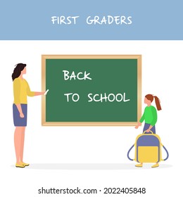 Vector illustration Schoolgirl and teacher near chalkboard Elementary school pupil Schoolboy excited to start school First day at school Back to school Education concept Learning Design for web, print