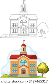 Vector illustration of a schoolhouse in two styles.