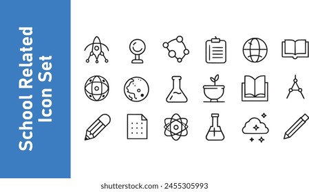 Vector illustration school-related icon set. School icons school subjects, supplies, science.