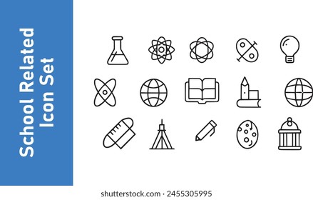 Vector illustration school-related icon set. School icons school subjects, supplies, science.