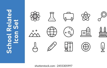 Symbolsatz für die Vektorillustration. Schulsymbole Schulfächer, Hilfsmittel, Wissenschaft.