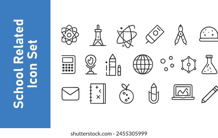 Vector illustration school-related icon set. School icons school subjects, supplies, science.