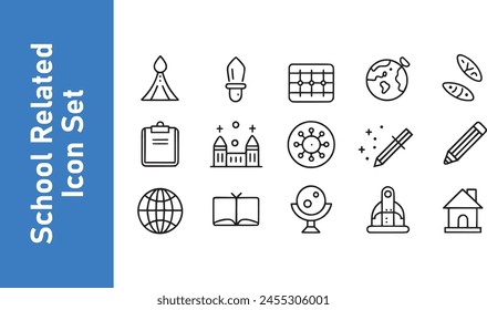 Vector illustration school-related icon set. School icons school subjects, supplies, science.