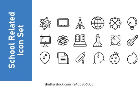 Vector illustration school-related icon set. School icons school subjects, supplies, science.