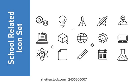 Vector illustration school-related icon set. School icons school subjects, supplies, science.