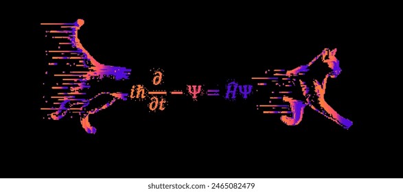 Vector illustration of Schrodinger cat and equation in pixel art style. The concept of virtual reality simulation and quantum computing.