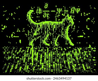 Vector illustration of Schrodinger cat and linear partial differential equation in pixel art futuristic style. The concept of virtual reality simulation and quantum computing.