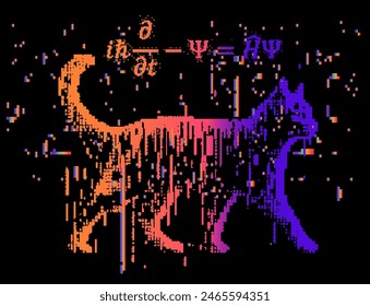 Vector illustration of Schrodinger cat in pixel art futuristic style. The concept of virtual reality simulation and quantum computing.