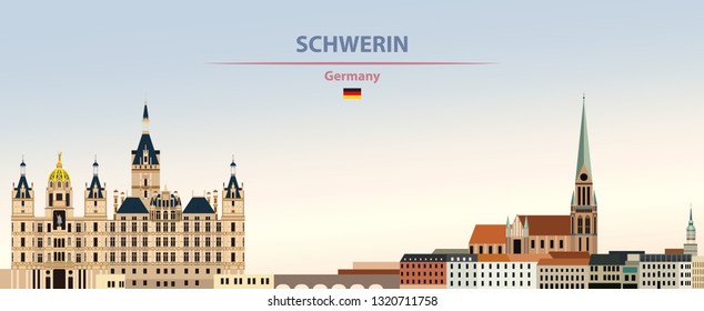 Vector illustration of Schwerin city skyline on colorful gradient beautiful day sky background with flag of Germany - Shutterstock ID 1320711758