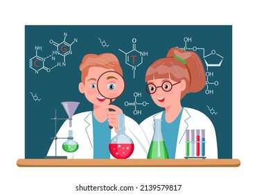 Vector illustration of science and chemistry school kids at school with smart kids, school activities, technology happy kids