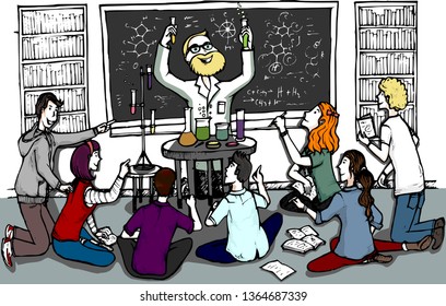 Vector illustration of science class teaching activity that involve active class participation.