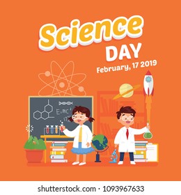 vector illustration science day poster, two kids boy and girl doing research in lab, can use for poster, background, web