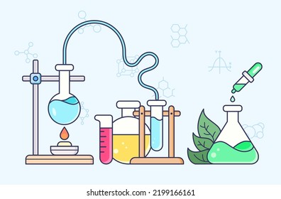 Vector illustration of a science elements. 
Contains such as atom, molecule, laboratory, planet, physics, experiment, microscope, chemical and more. 
Flat illustration style line drawing 