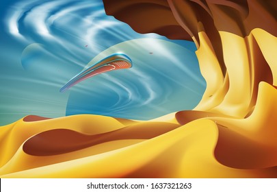 A vector illustration of science fiction scene in vector art that aircrafts flying over the desert on another planet.