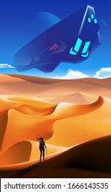 Una ilustración vectorial de la escena de ciencia ficción de la enorme nave espacial que sobrevuela el desierto que tiene a la mujer caminando en la cima de la duna.