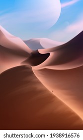 A vector illustration of the science fiction scene of one human is walking in the desert on another planet somewhere else in the universe.