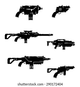 A vector illustration science fiction weapons.
Assortment of hi-tech guns Illustration Icon.
Futuristic weapons.