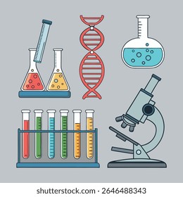 Ilustração vetorial de ícones de ciência com material de vidro de laboratório, como tubos de ensaio e copos, perfeito para representar experimentos de química, biologia e pesquisa médica.