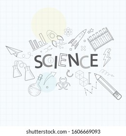 Vector illustration, Science icons on white book paper background