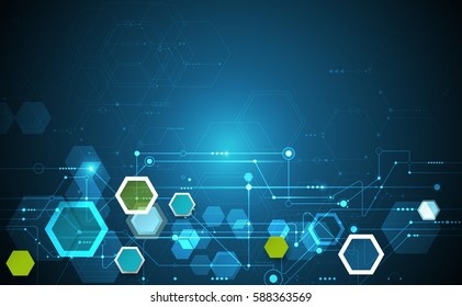 Vector illustration science innovation concept. Circuit board and hexagons or polygon background. Hi tech digital technology. Abstract futuristic, hexagon shape on dark blue color background