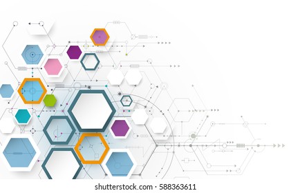 Vector illustration science innovation concept. Circuit board and hexagons or polygon background. Hi tech digital technology. Abstract futuristic, hexagon shape on light gray color background