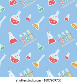 Vector Illustration Science Laboratory Flask Repeat Seamless Pattern Doodle Cartoon Style. Great For Fabric Packaging Wallpaper