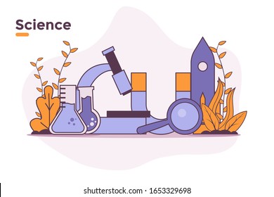 vector illustration science lesson school item and element, science learning lesson, microscope lup rocket magnet glass tube physic biology. can use for background poster banner web landing page blog